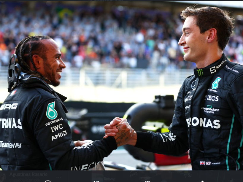 Duo pembalap Mercedes, Lewis Hamilton (kiri) dan George Russell akan mengawali balapan GP Sao Paulo 2022 dari baris terdepan.