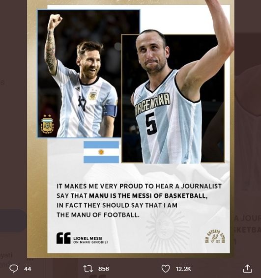 Lionel Messi mengaku tersanjung ketika seorang jurnalis membandingkan kariernya dengan legenda NBA Hall of Fame Manu Ginobili.