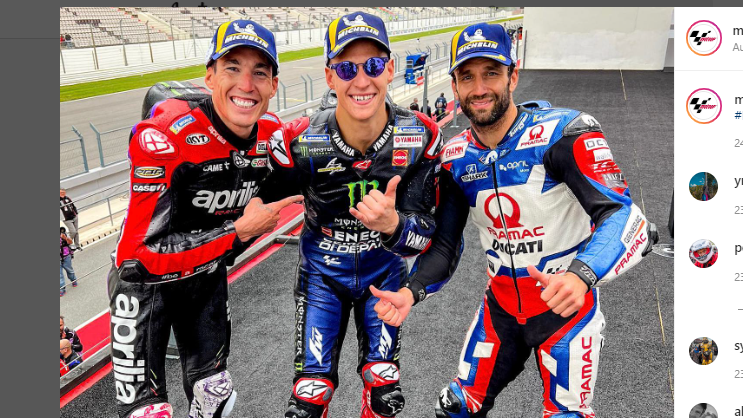 Penghuni podium MotoGP Portugal 2022 (dari kiri ke kanan): Aleix Espargaro, Fabio Quartararo, dan Johann Zarco.
