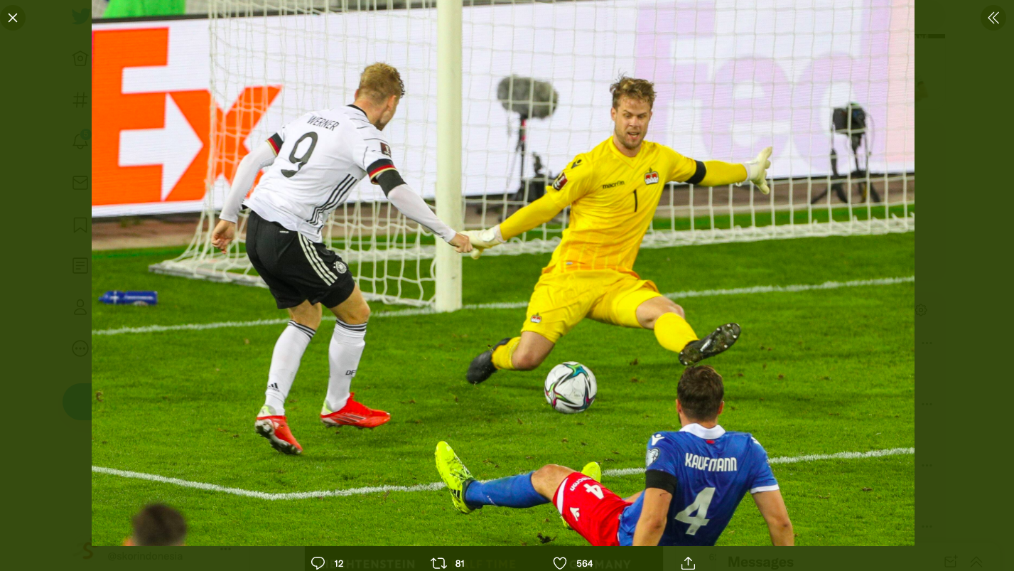 Timo Werner saat mencetak gol ke gawang Liechtenstein pada kualifikasi Piala Dunia 2022.