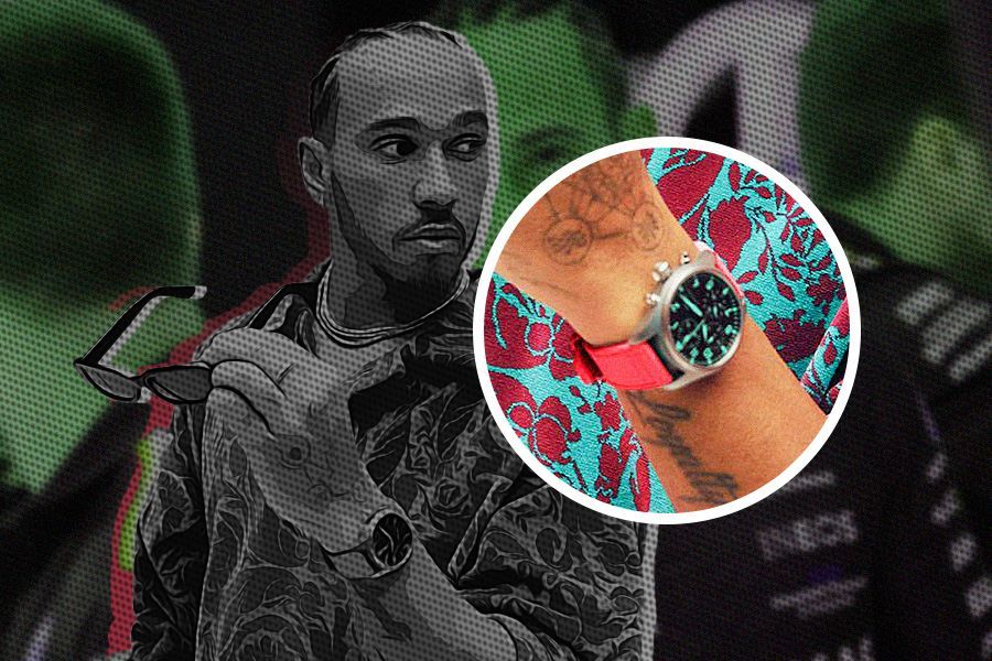 Lewis Hamilton mengenakan strap jam versi Miami Pink dari jam tangan IWC Pilot’s Watch Chronograph 41 Mercedes-AMG Petronas Formula One™ Team. (Hendy AS/Skor.id)