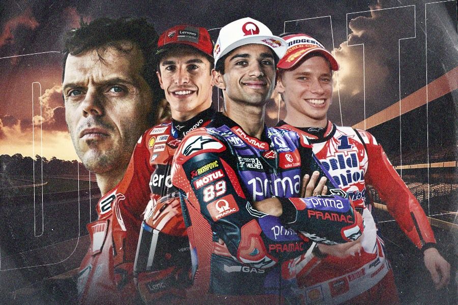 Foto kiri-kanan: Loris Capirossi, Marc Marquez, Jorge Martin, dan Casey Stoner, empat pembalap yang paling cepat menang untuk Ducati di MotoGP. (M. Yusuf/Skor.id)