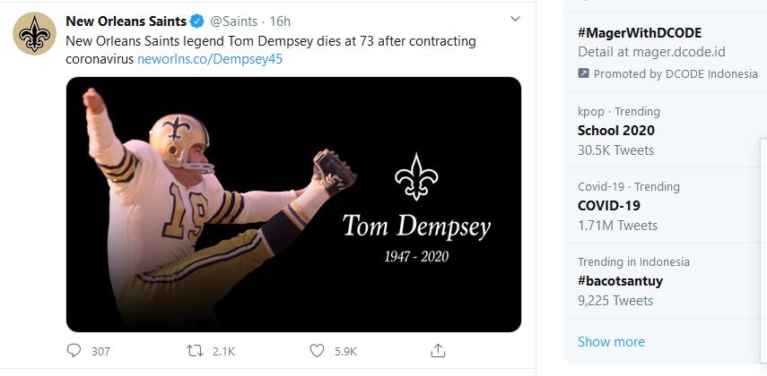 Legenda NFL Tom Dempsey Meninggal karena Covid-19