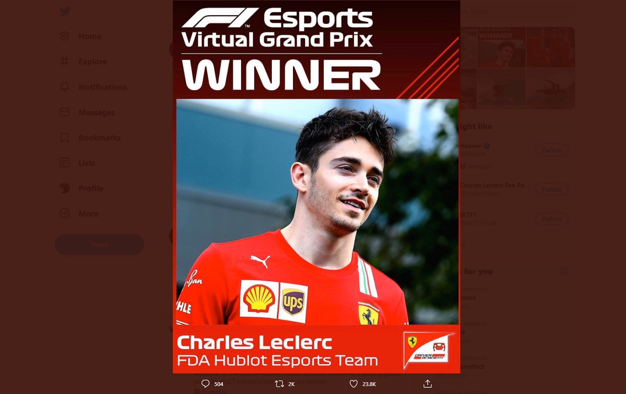 Charles Leclerc Kembali Menangi Balapan Virtual F1 2020
