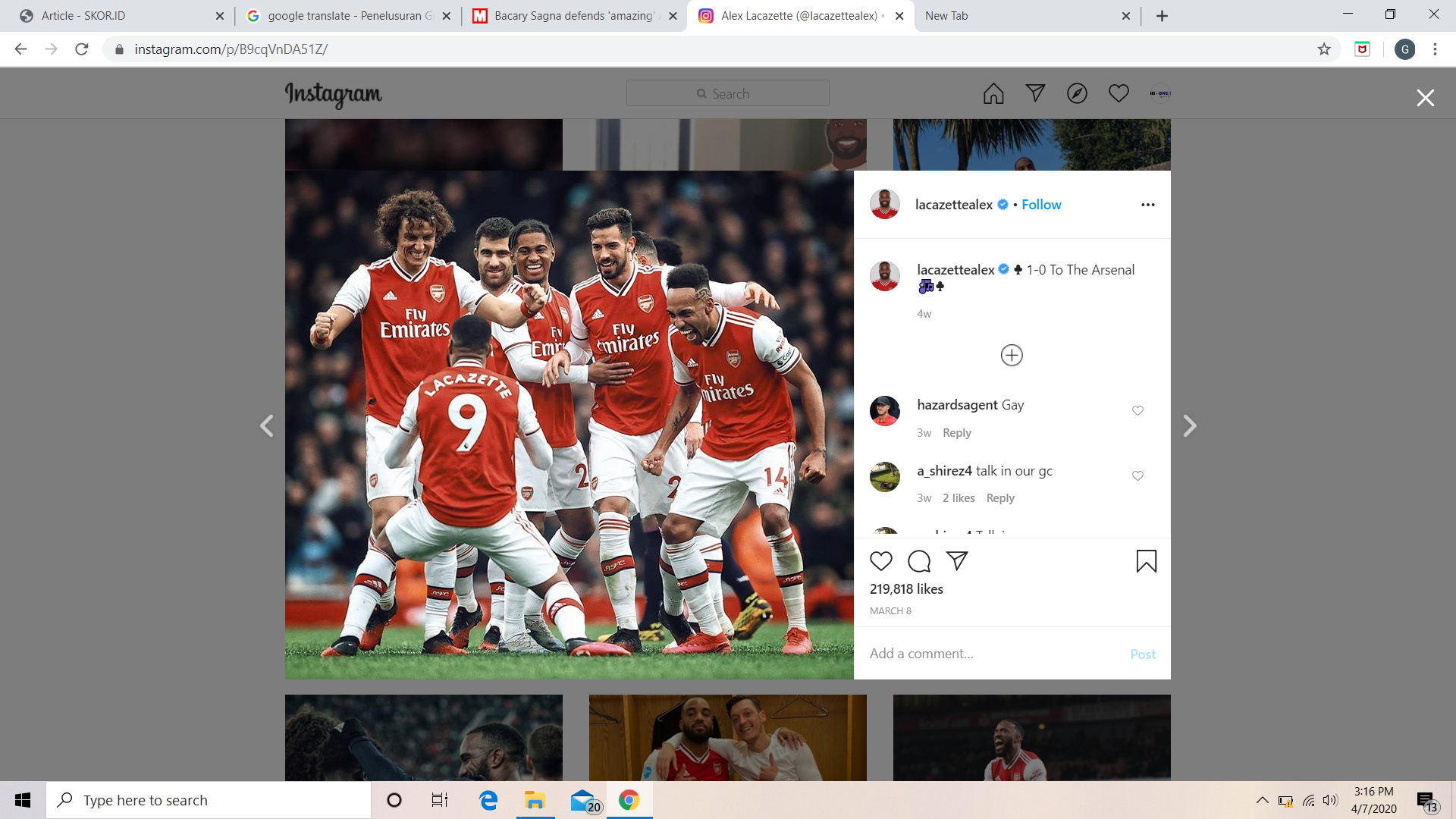 Acap Dikritik Fan Arsenal, Sagna Sebut Alexandre Lacazette Luar Biasa 