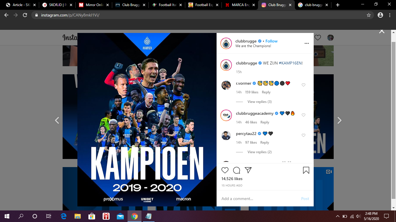Resmi, Club Brugge Juara Liga Belgia 2019-2020
