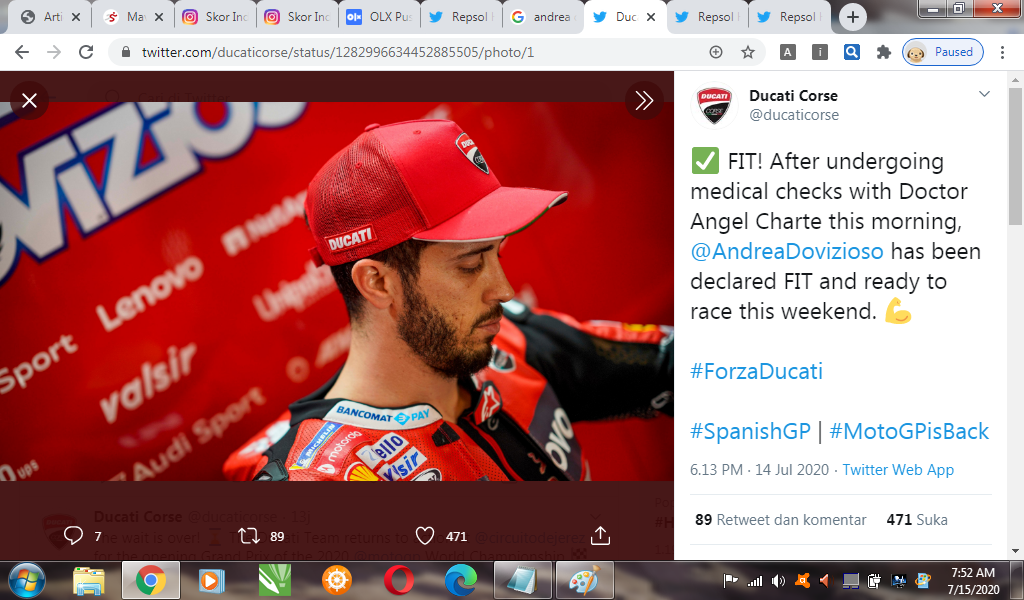 Dinyatakan Fit, Andrea Dovizioso Siap Balapan di Sirkuit Jerez
