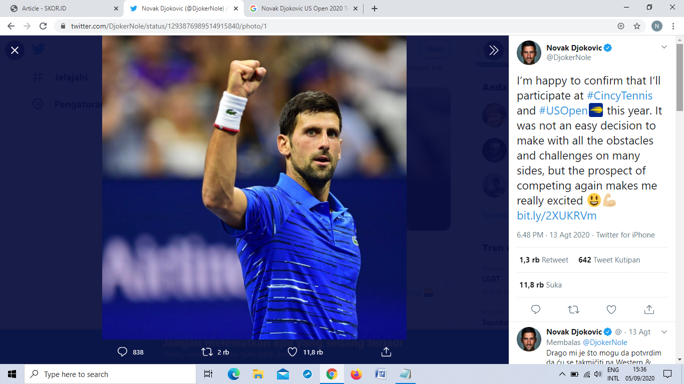 Novak Djokovic Rayakan Laga di Hard Court Ke-600 dengan Tiket 16 Besar US Open 2020