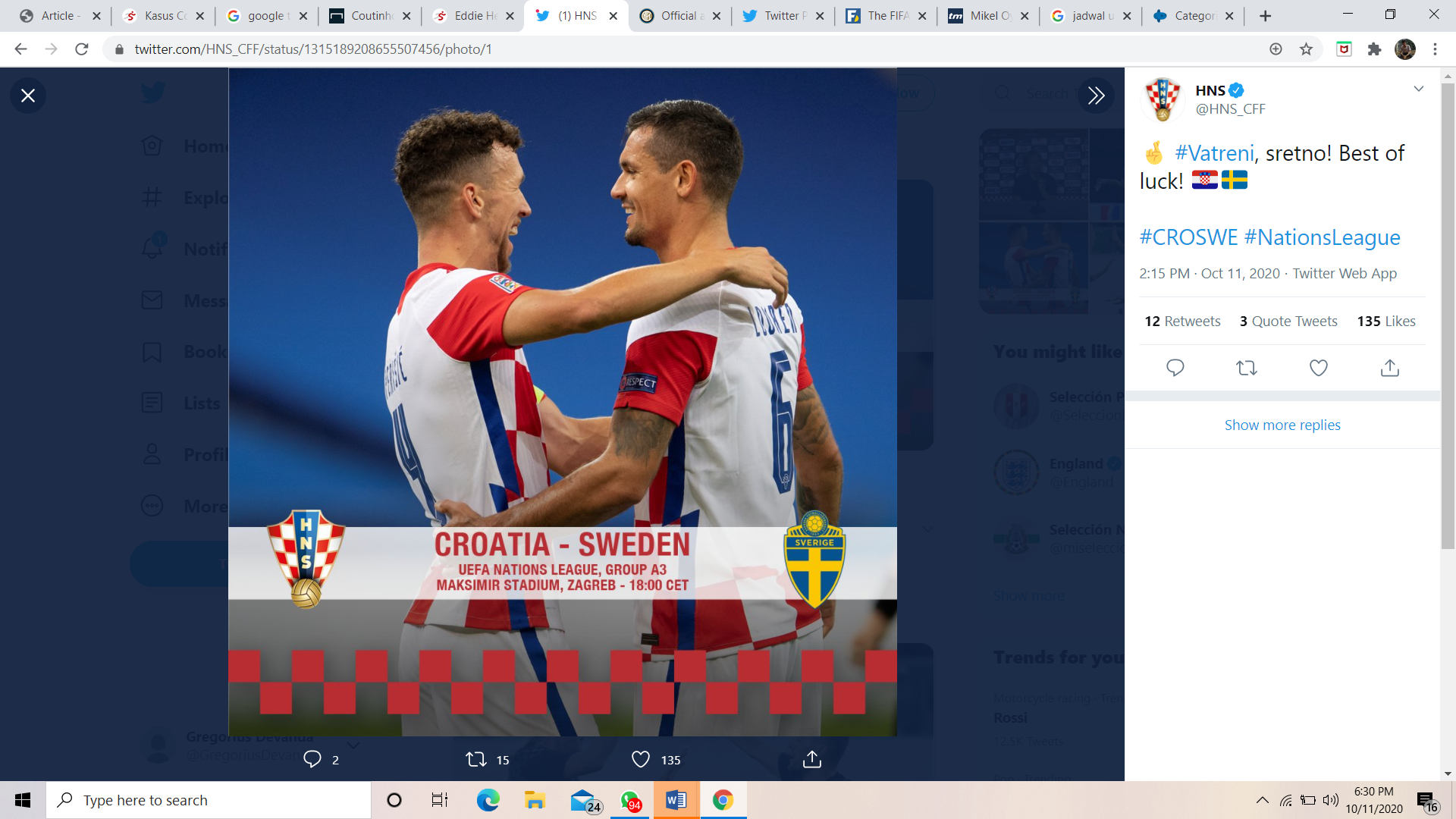 Link Live Streaming UEFA Nations League: Kroasia vs Swedia
