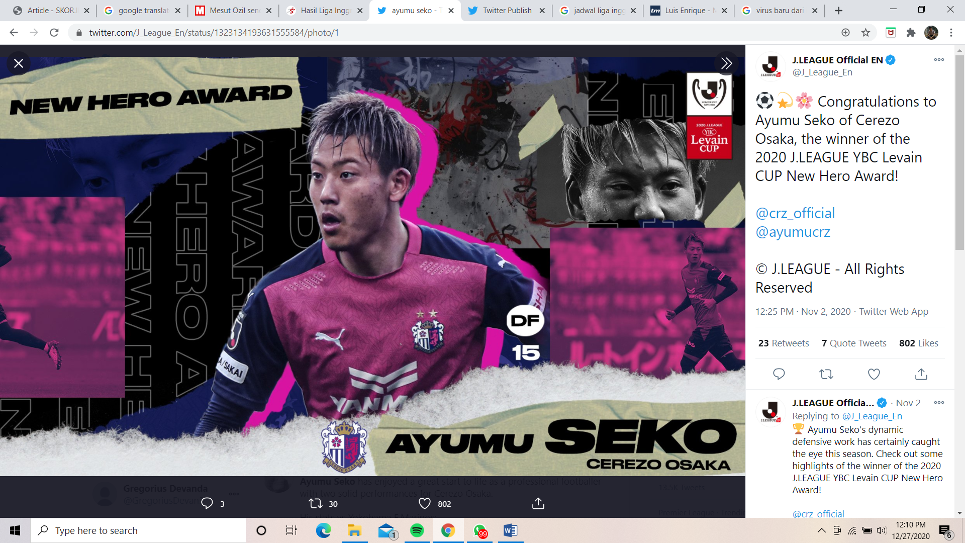 Mengenal Ayumu Seko, Pemain Muda Terbaik J.League 2020