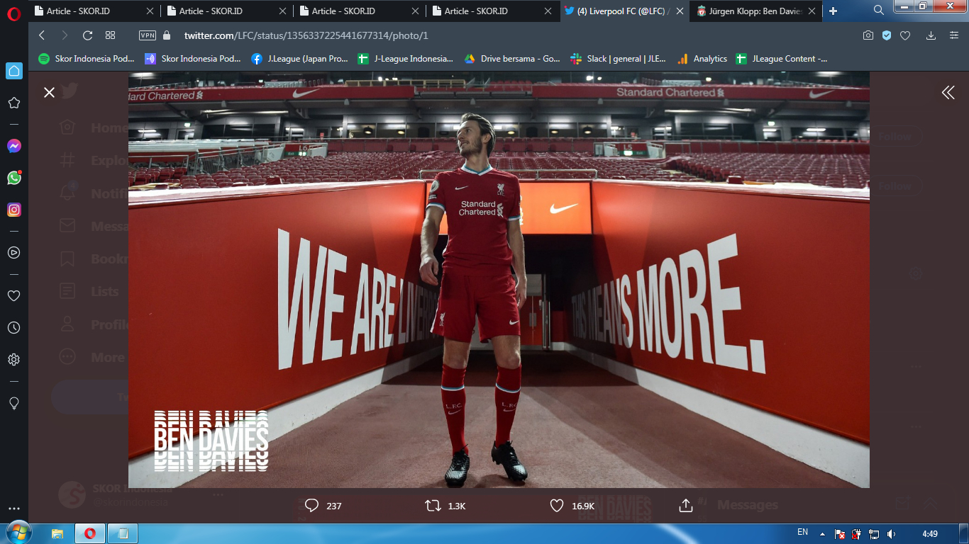 Resmi Gabung Liverpool, Ben Davies Tak Sabar Ambil Kesempatan