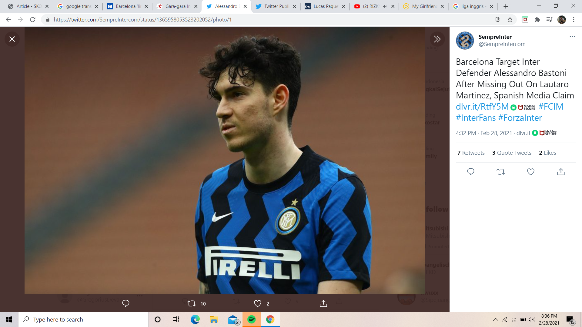 Alessandro Bastoni Ungkap Sosok yang Membantunya Berkembang di Inter Milan