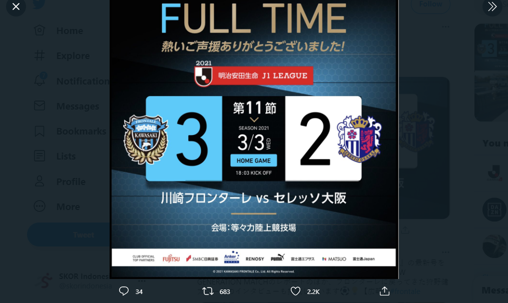 Hasil J1 League: Kawasaki Frontale Ambil Alih Puncak, Menang 3-2 atas Cerezo Osaka
