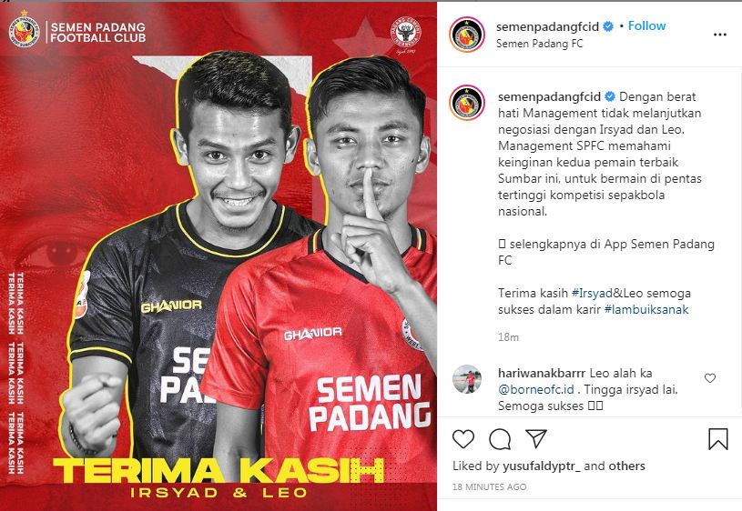 Semen Padang Ikhlaskan Dua Pemainnya Hengkang ke Klub Kontestan Liga 1