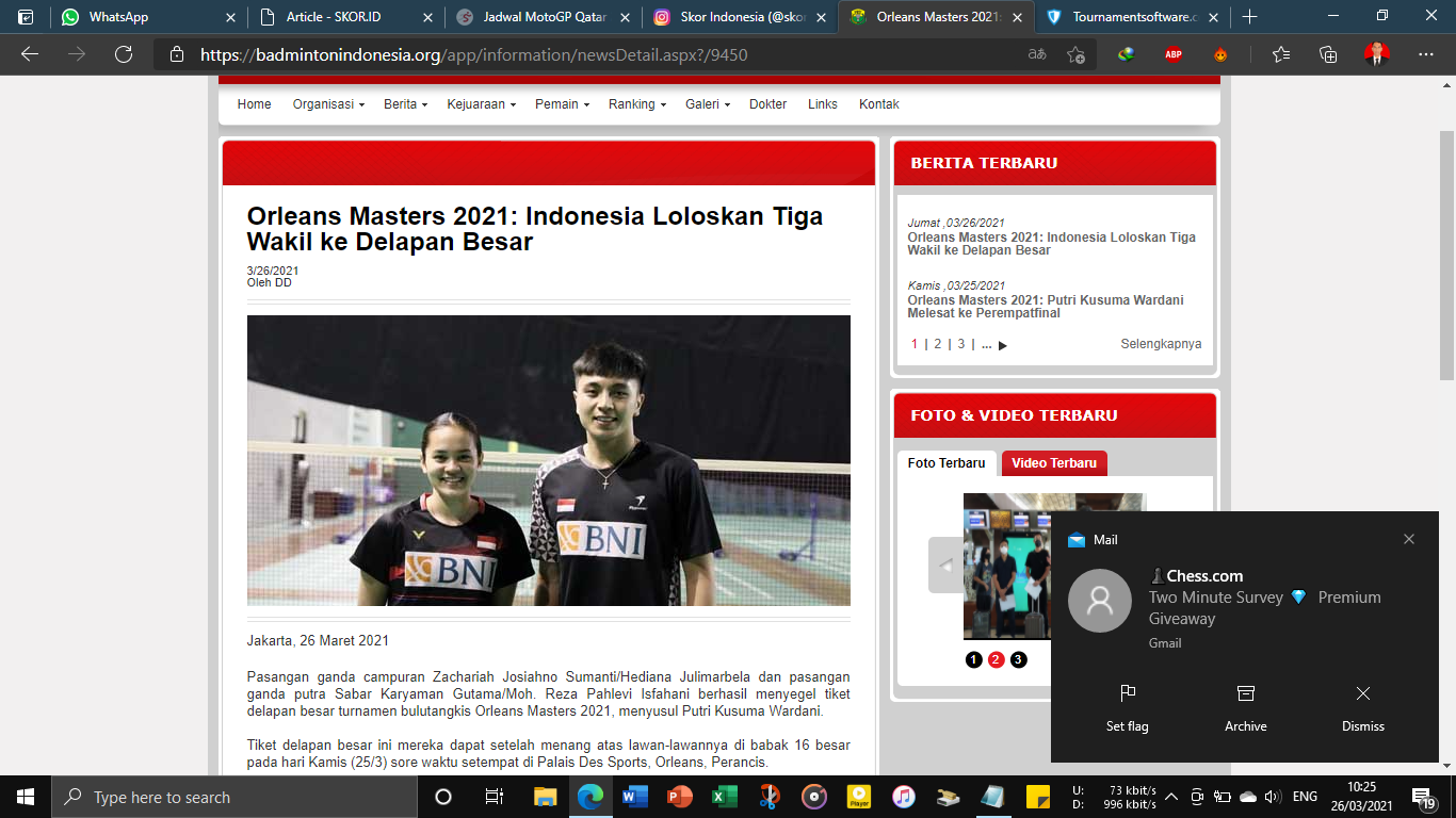 Orleans Masters 2021: Menikmati Pertandingan Jadi Kunci Sukses Zachariah/Hedina