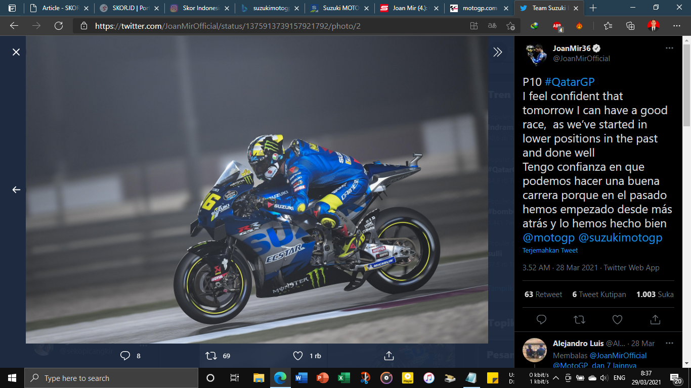 MotoGP Doha 2021: Joan Mir Percaya Diri meski Start dari Baris Ketiga
