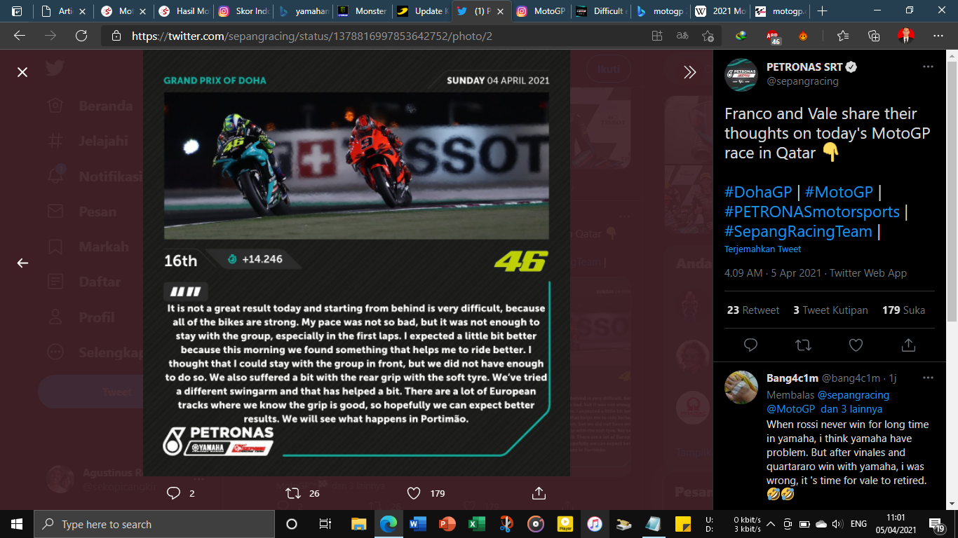 MotoGP Doha 2021: Valentino Rossi Masih Keluhkan Grip Ban Belakang