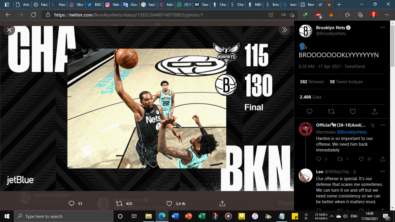Hasil NBA Sabtu (17/4/2021): Kevin Durant Kembali, Nets Menang Lagi