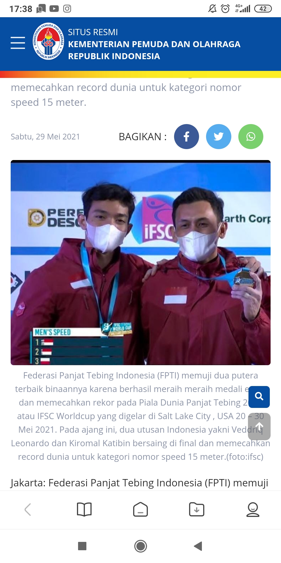 Panjat Tebing Indonesia Berharap Emas di Nomor Speed di Olimpiade Paris 2024