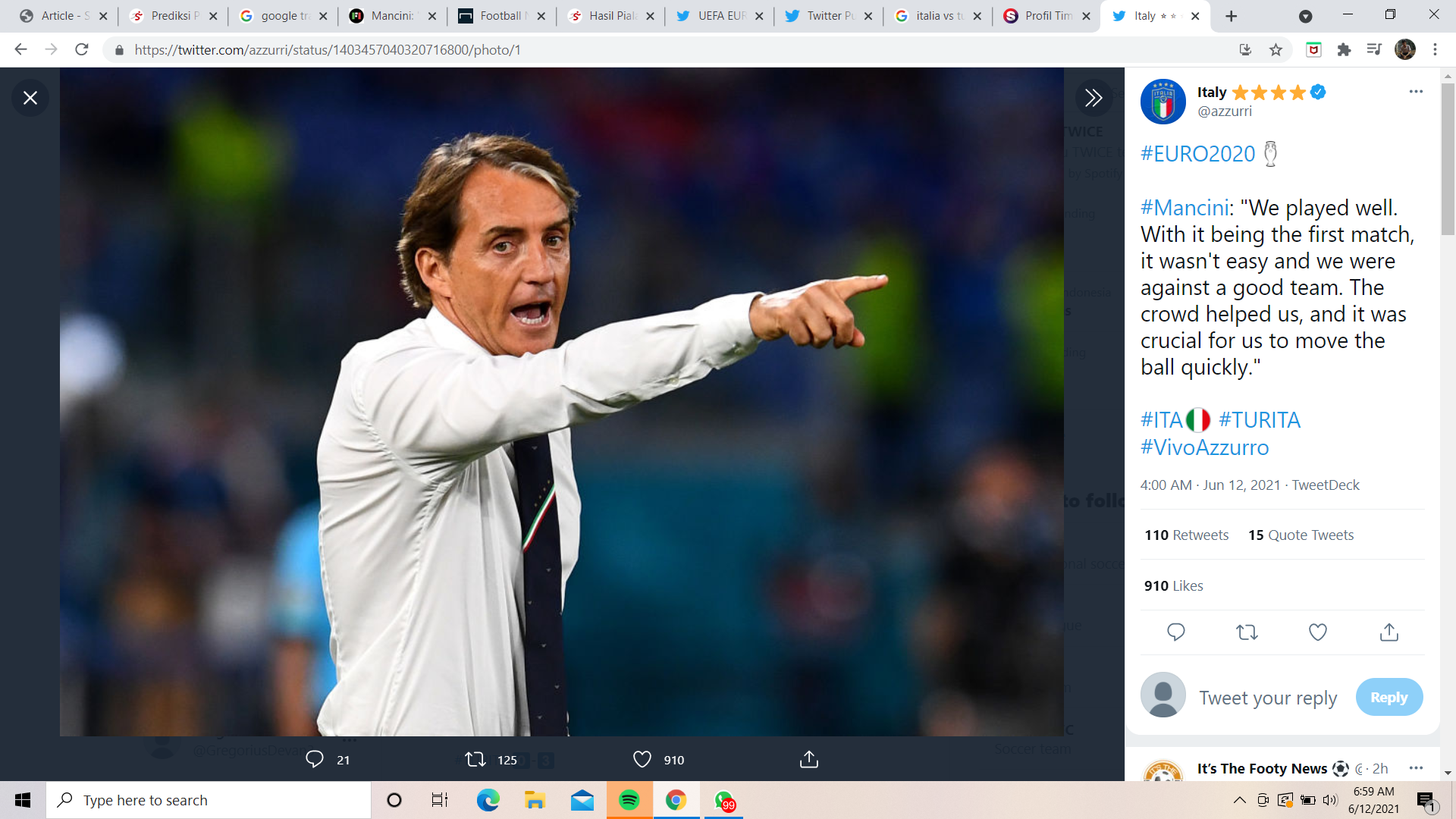 Piala Eropa 2020: Roberto Mancini Dedikasikan Kemenangan untuk Semua Warga Italia