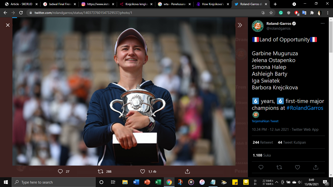 Juarai French Open 2021, Barbora Krejcikova Kehilangan Kata-kata