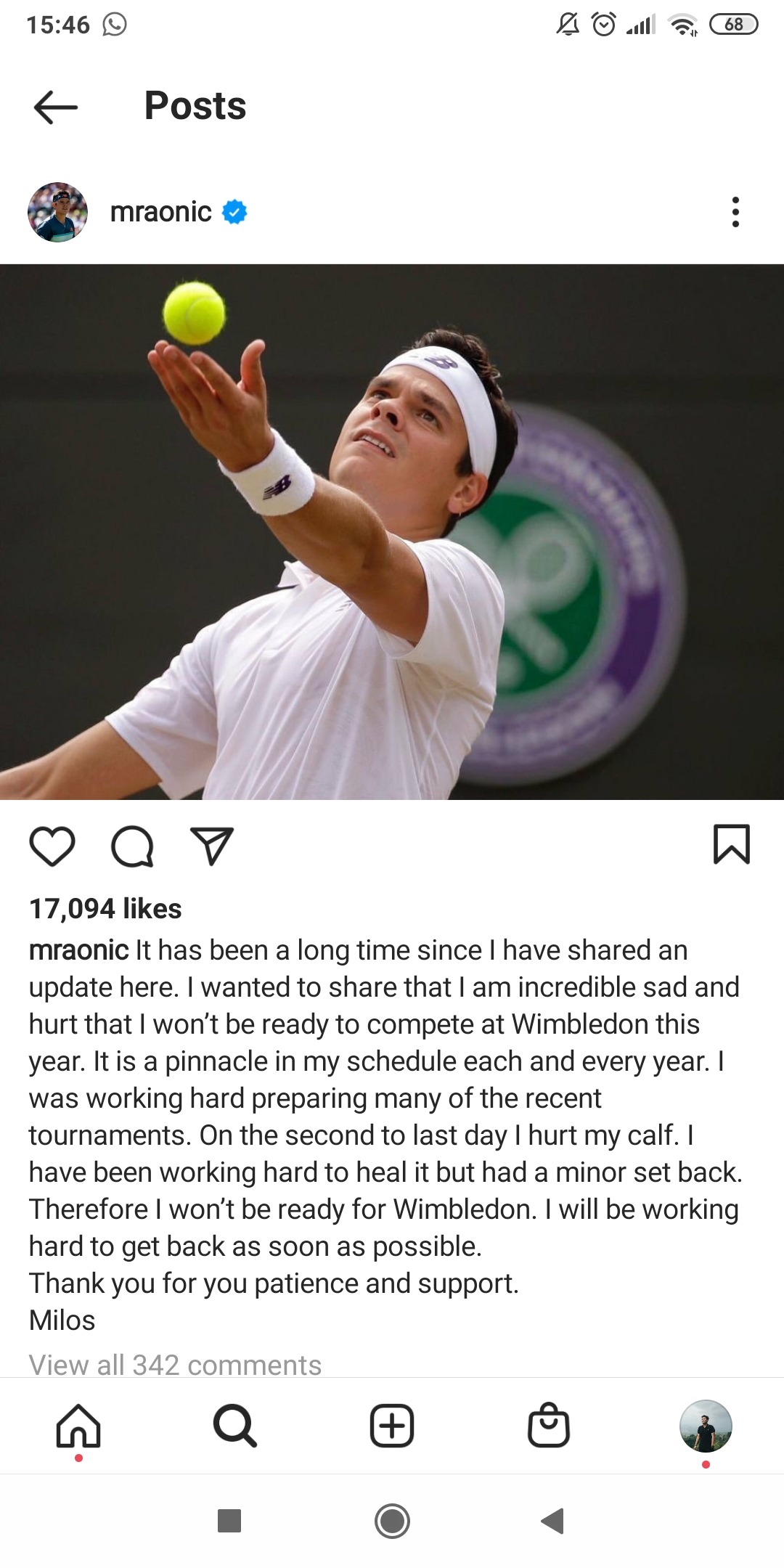 Cedera Betis, Milos Raonic Mundur dari Wimbledon 2021