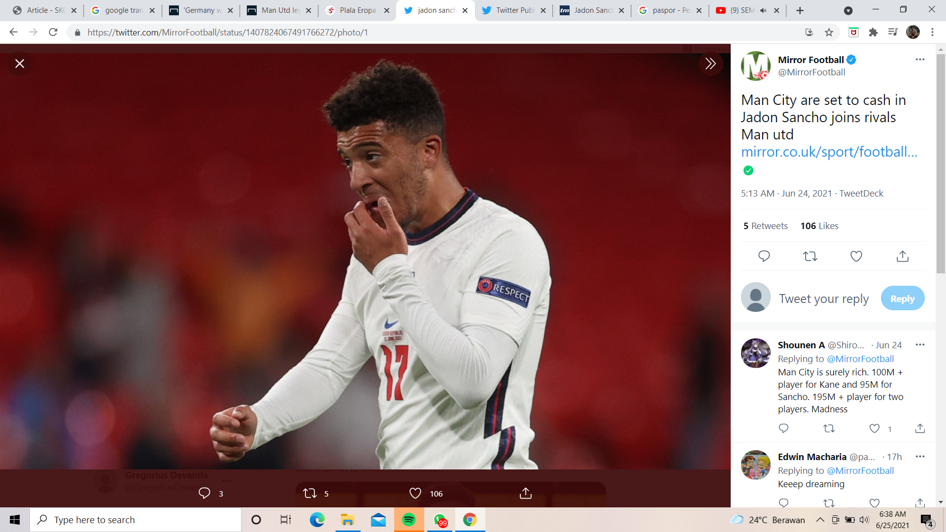 Jadon Sancho Sampaikan Permohonan Maaf Terbuka Usai Gagal Penalti di Final Euro 2020