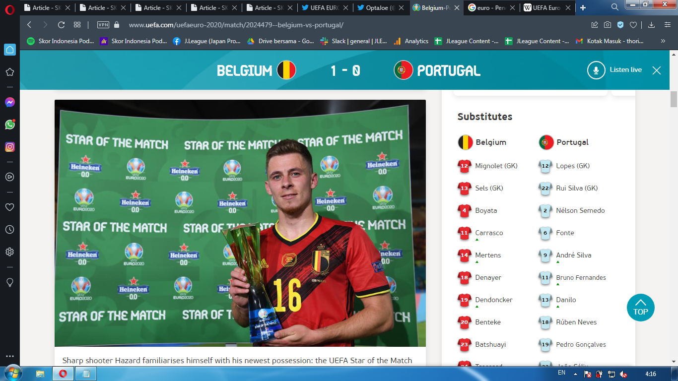 Man of the Match Piala Eropa 2020 - Belgia vs Portugal: Thorgan Hazard