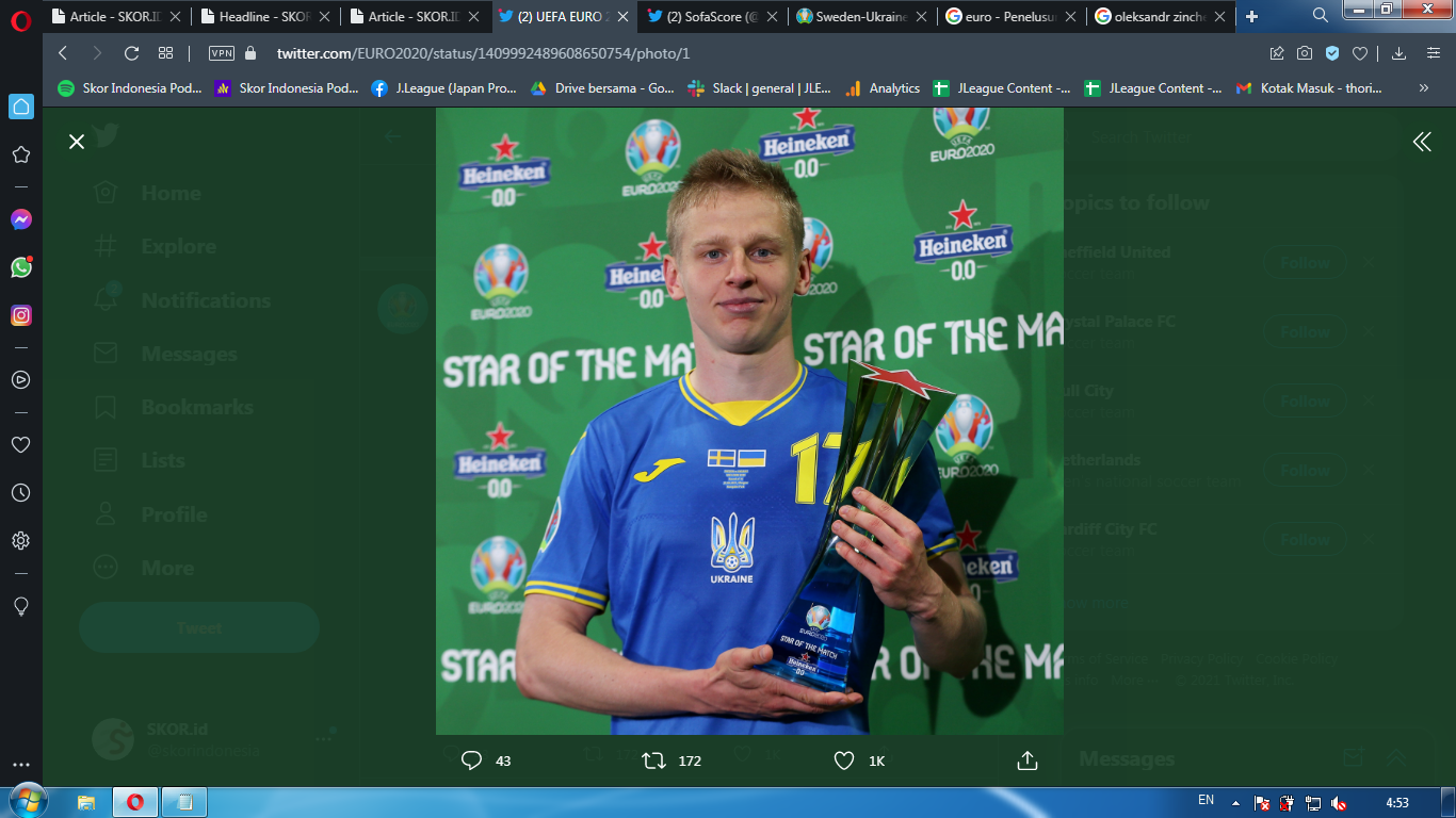Man of the Match Piala Eropa 2020 - Swedia vs Ukraina: Oleksandr Zinchenko