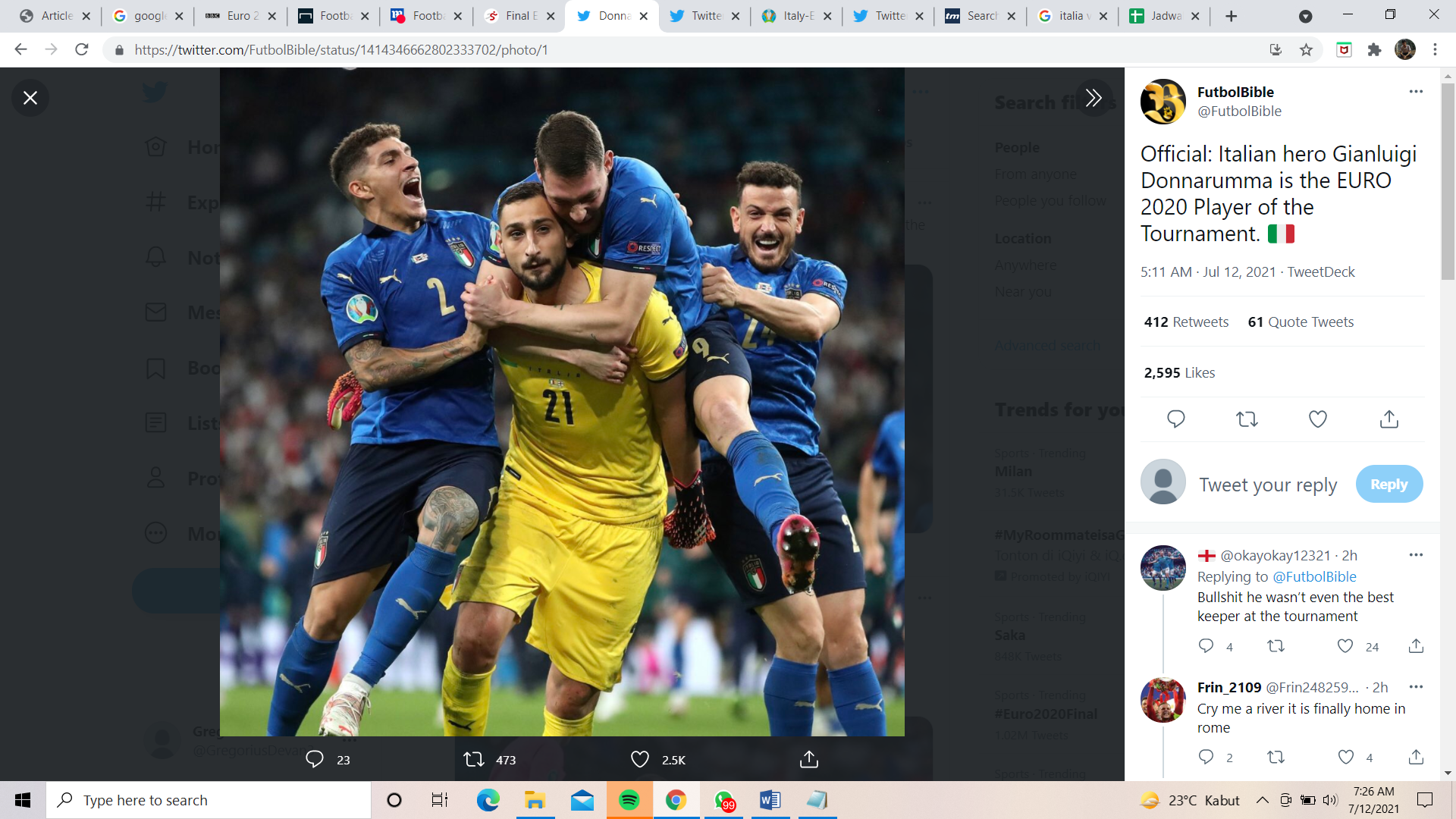 Final Euro 2020: Giorgio Chiellini Merasa Beruntung Main Bareng Gianluigi Donnarumma