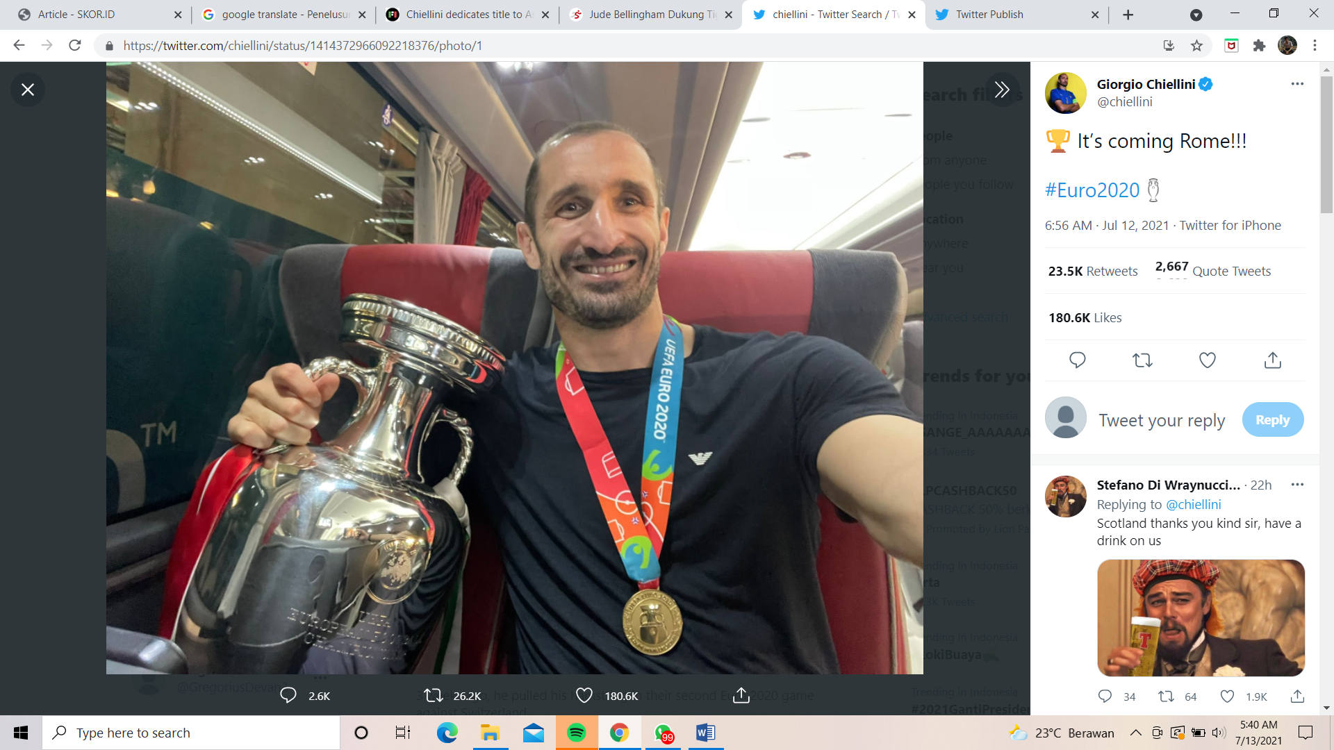 Giorgio Chiellini Dedikasikan Trofi Euro 2020 untuk Presiden Italia, Davide Astori, serta Fans