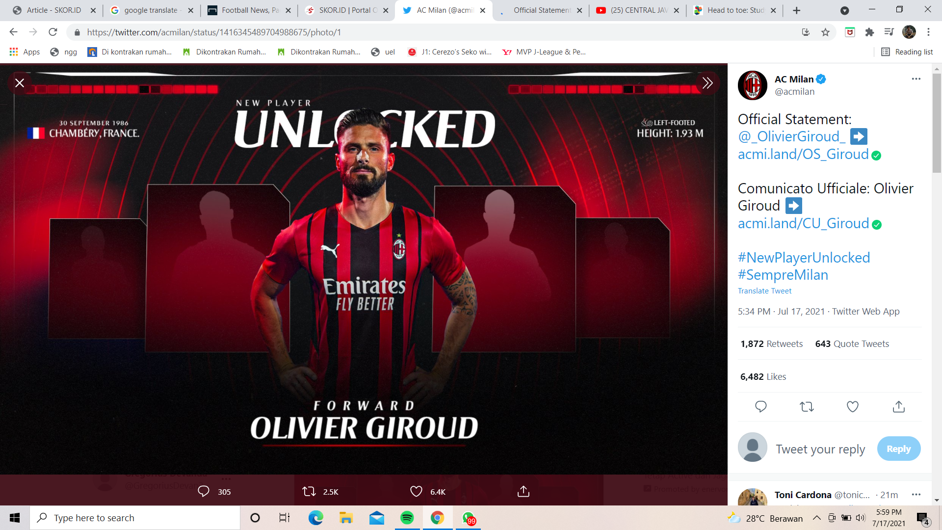 Olivier Giroud Menyusul ke AC Milan, Fikayo Tomori Beri Tanggapan