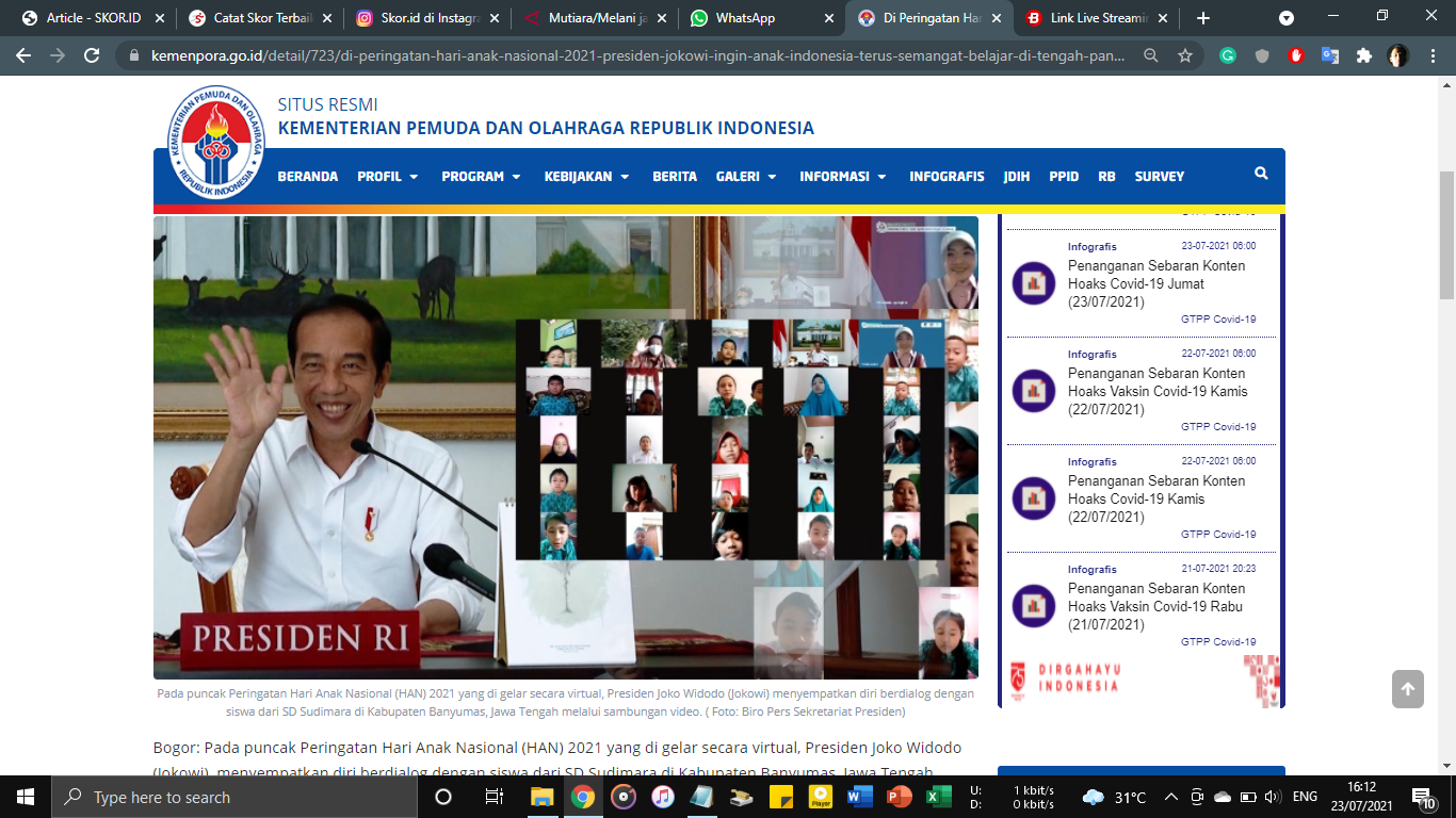 Harapan Presiden Joko Widodo di Hari Anak Nasional 2021