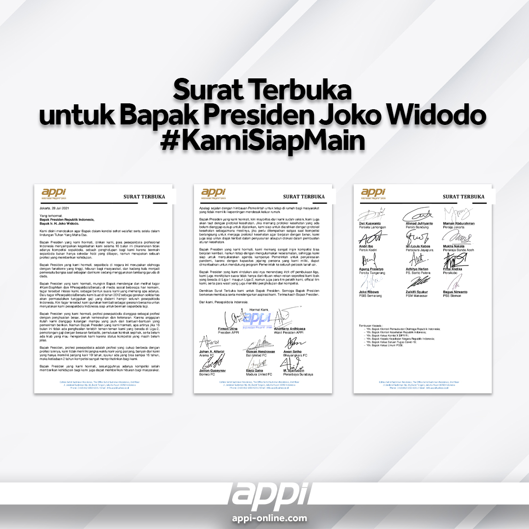 Surat Terbuka APPI untuk Presiden Jokowi, Pesepak Bola Bersatu Siap Berkompetisi
