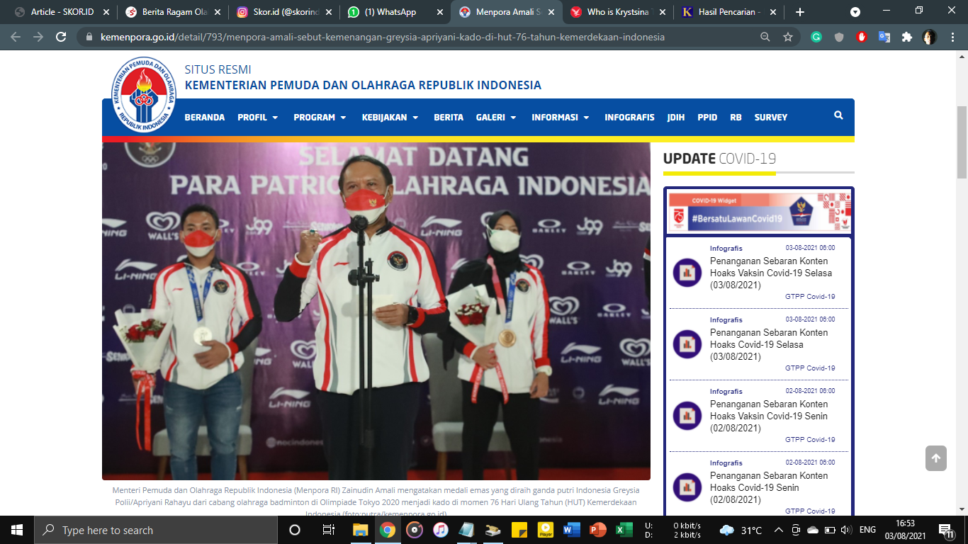 Menpora Sebut Kemenangan Greysia/Apriyani Jadi Kado Manis untuk Ulang Tahun Kemerdekaan Indonesia
