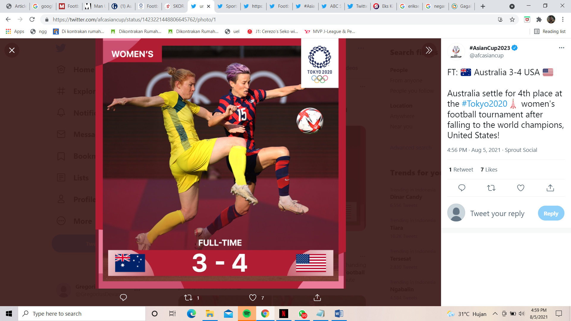 Hasil Sepak Bola Putri Olimpiade Tokyo 2020: Australia Tumbang, Amerika Serikat Raih Medali Perunggu