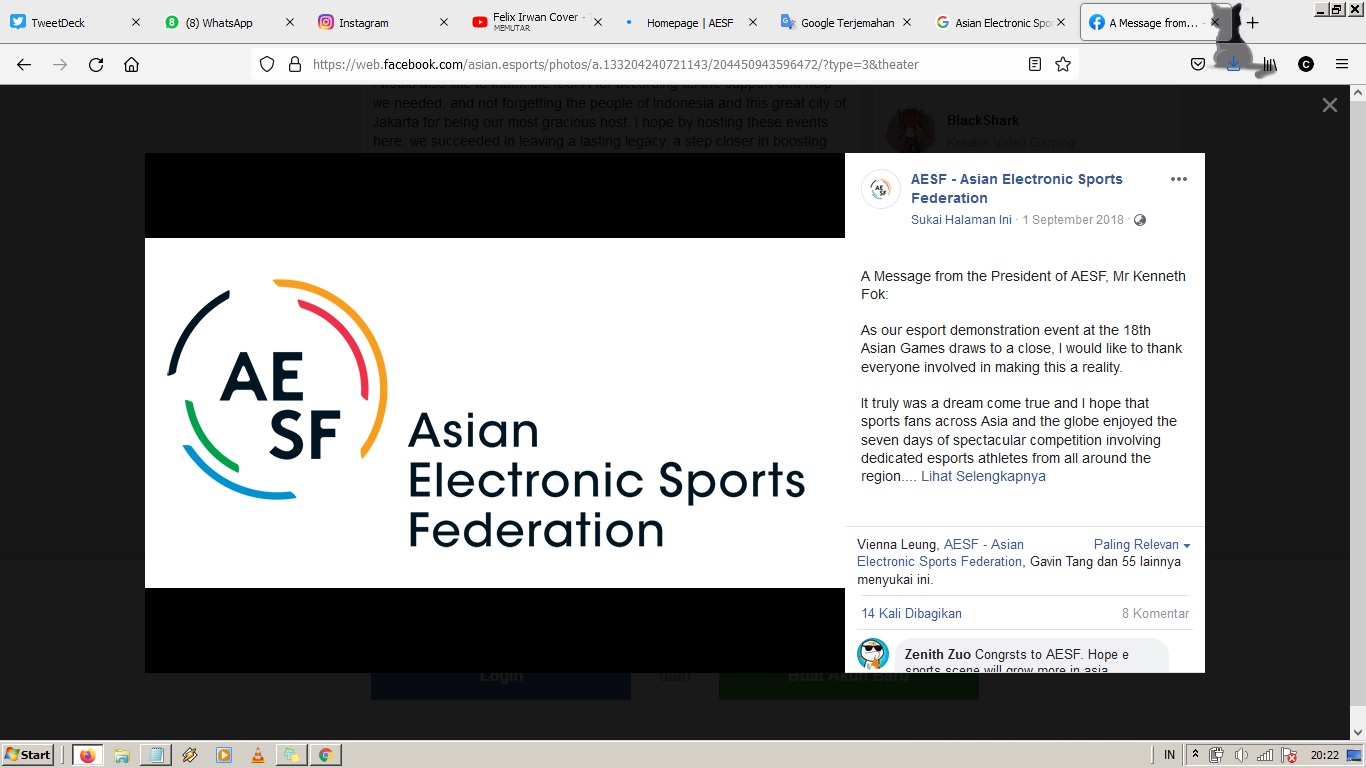 Meski Asian Games 2022 Ditunda, AESF Indikasikan Tetap Gelar Road to Asian Games 2022 Secara Online