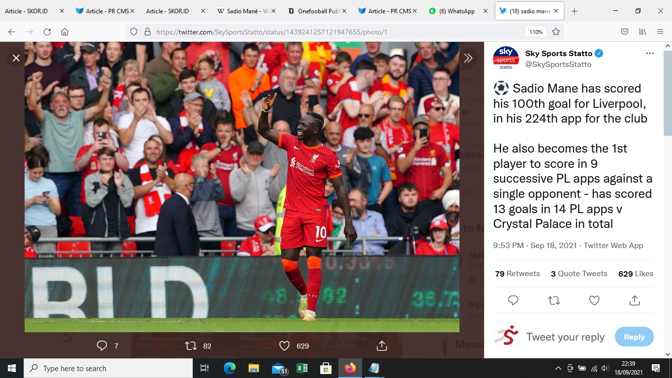 Hasil Liverpool vs Crystal Palace: Sadio Mane dan Mohamed Salah Catat Rekor, Bawa The Reds ke Puncak