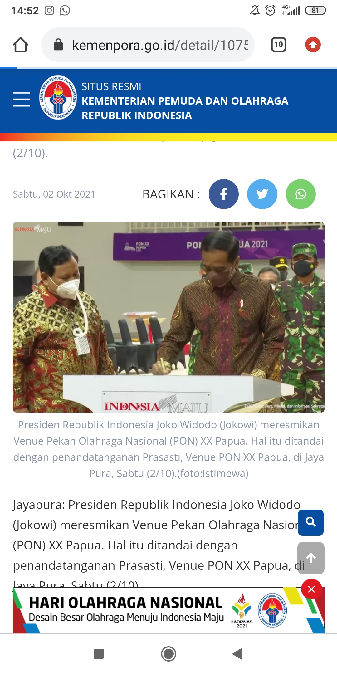 Presiden Jokowi Resmikan Fasilitas PON XX Papua 2021, Harus Dimanfaatkan!
