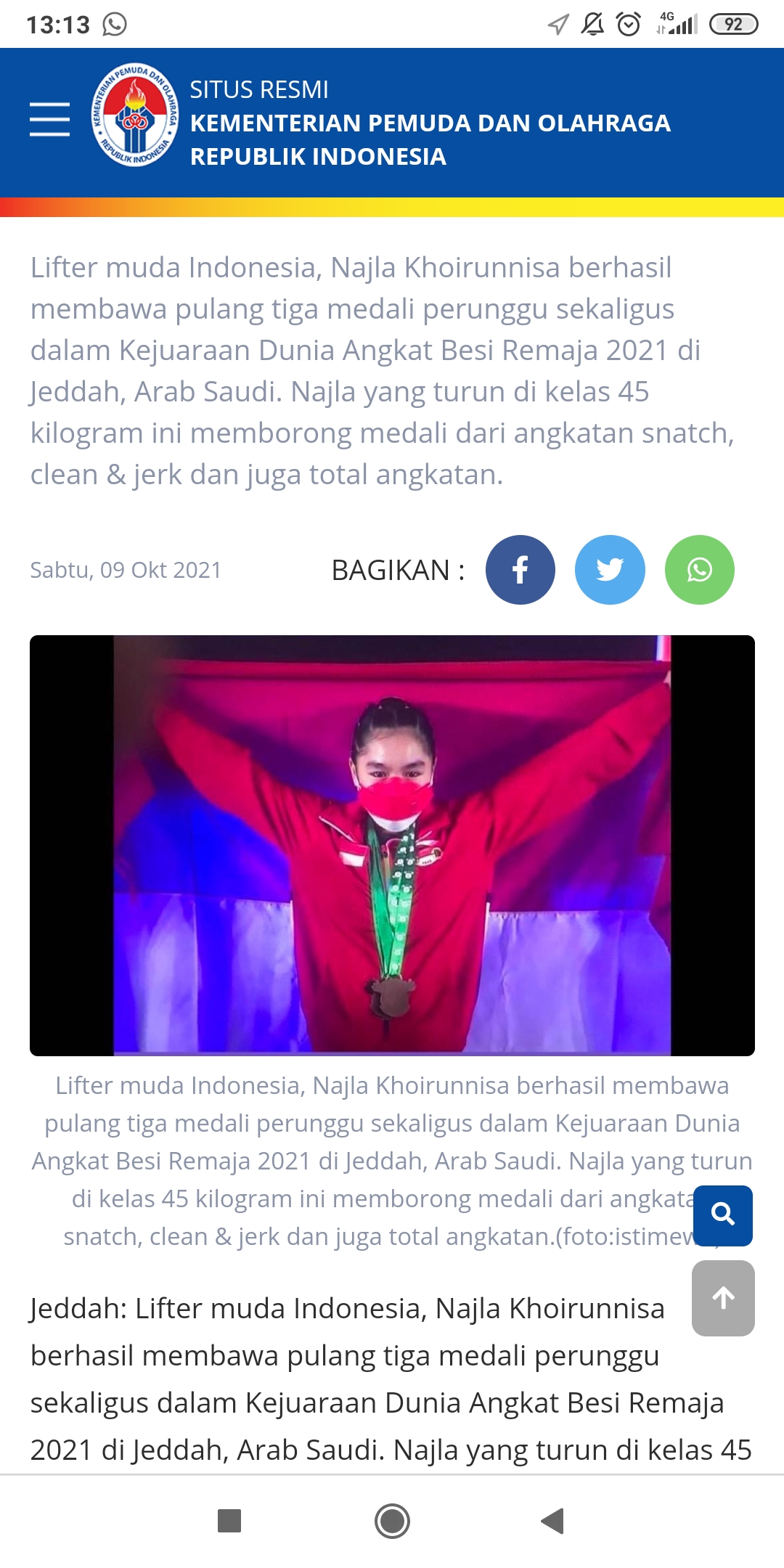 Najla Khoirunnisa Borong 3 Perunggu di Kejuaraan Dunia Angkat Besi Remaja 2021