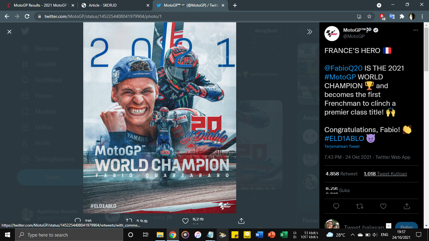 Hasil MotoGP Emilia Romagna 2021: Marc Marquez Menang, Fabio Quartararo Kunci Gelar Juara