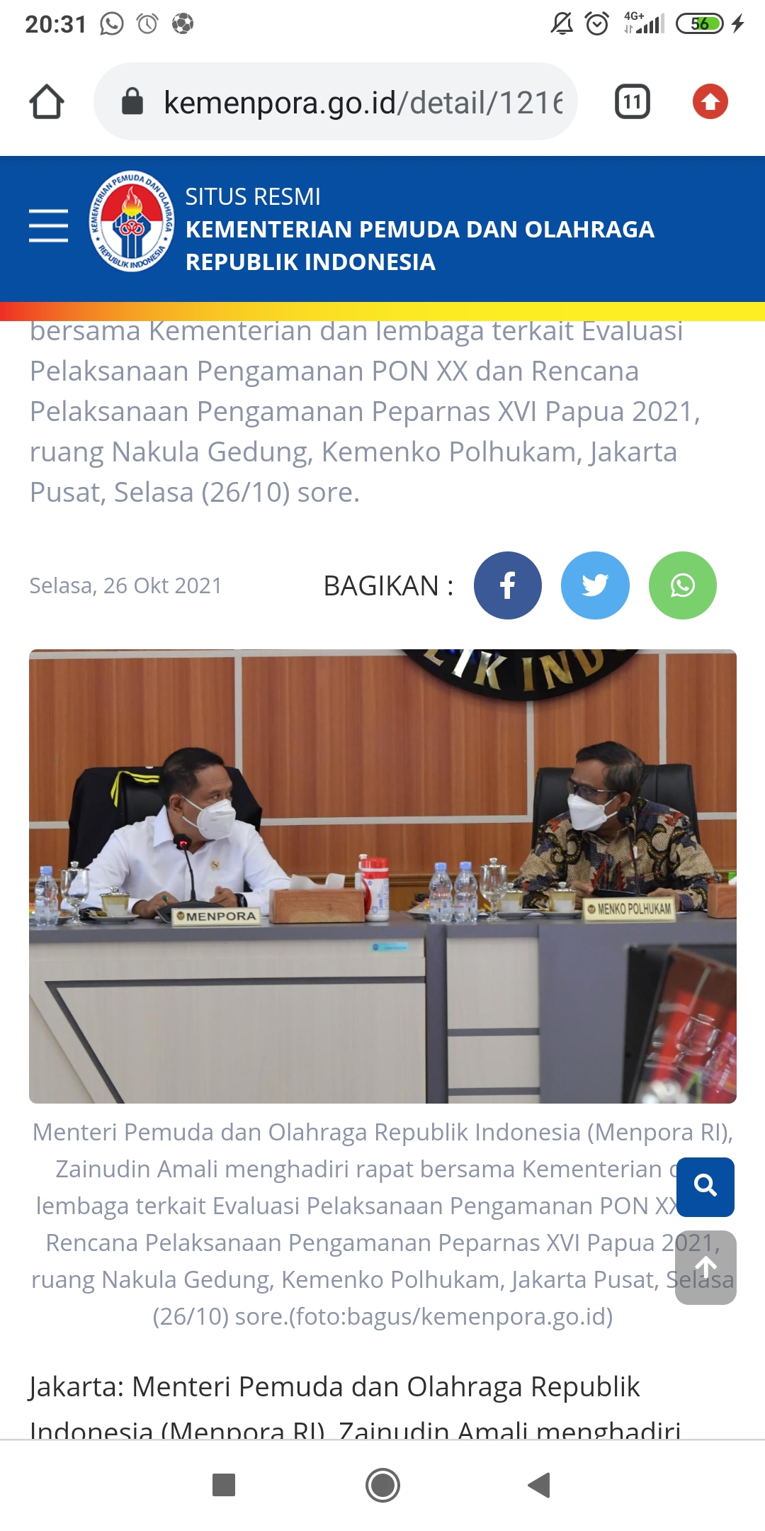 Rapat dengan Menko Polhukam, Menpora Laporkan PON XX Papua Berjalan dengan Sukses