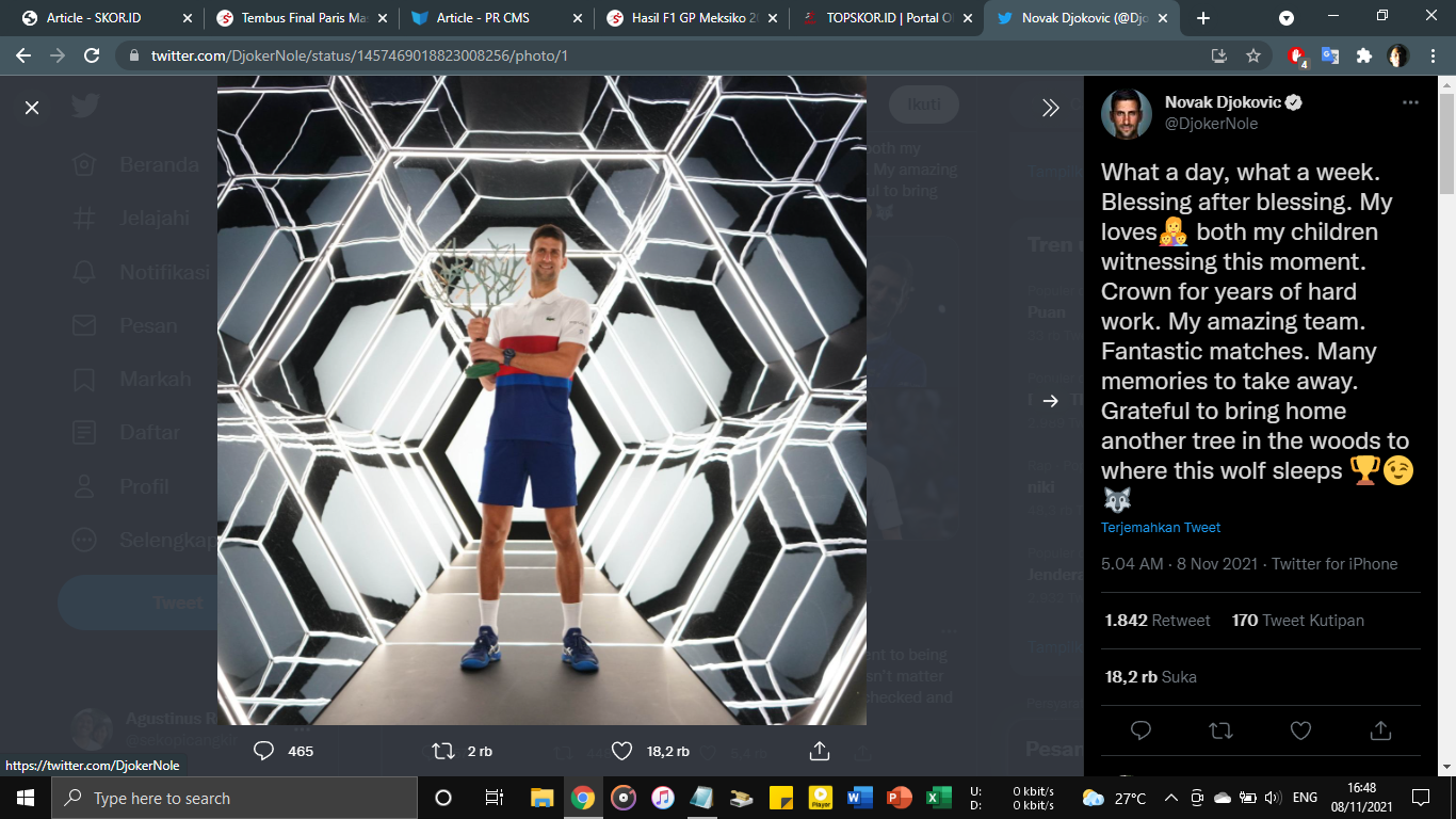 Juara Paris Masters 2021, Novak Djokovic Tuai Pujian dari Sang Rival