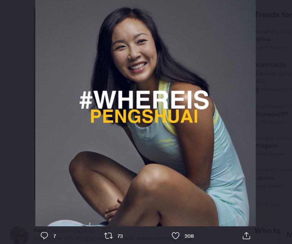 Menghilang Usai Ungkap Pelecehan Seksual oleh Eks Petinggi Cina, Presiden  WTA Khawatir Keselamatan Peng Shuai