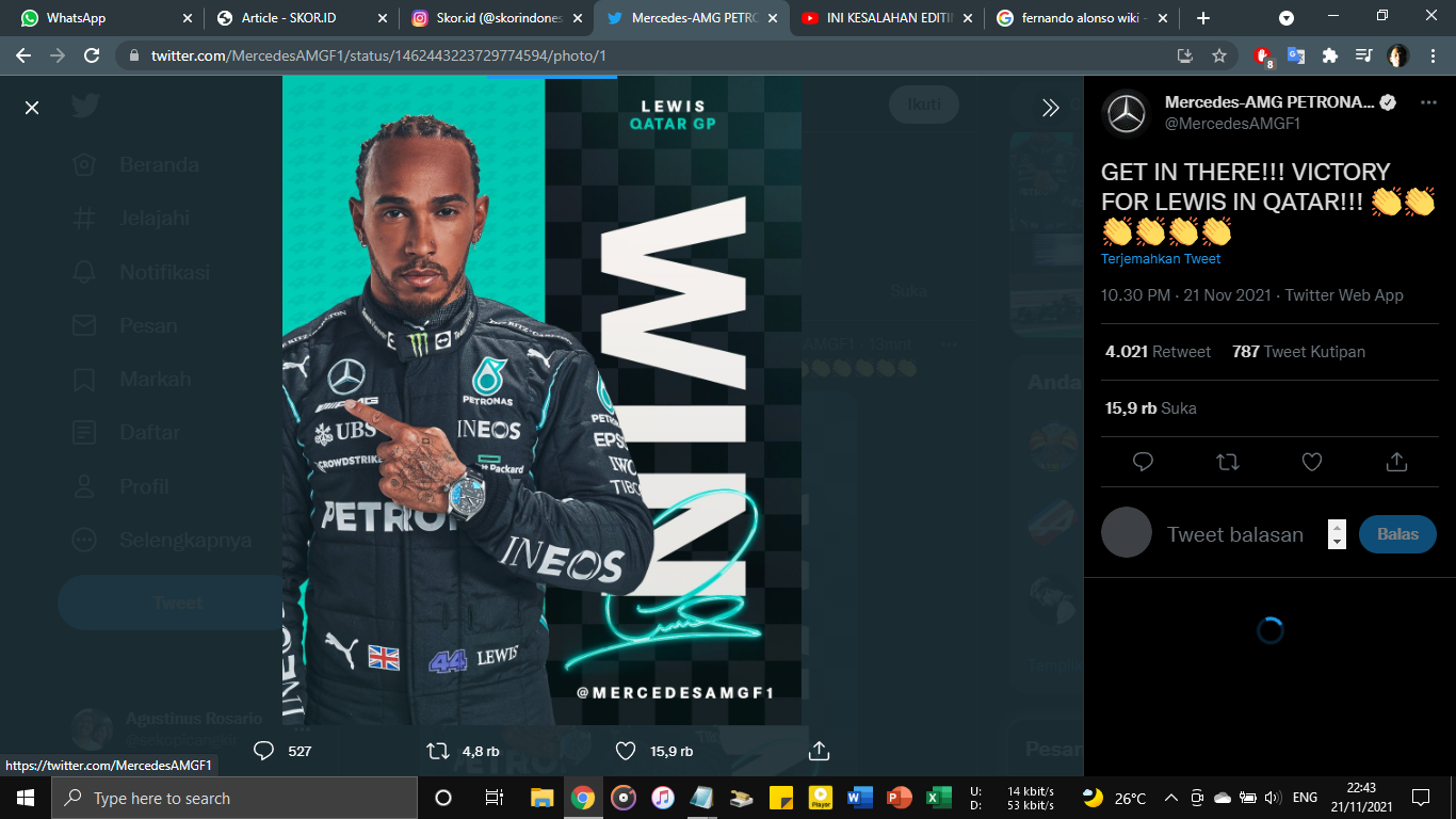 Hasil F1 GP Qatar 2021: Menang, Lewis Hamilton Pangkas Jarak dengan Max Verstappen
