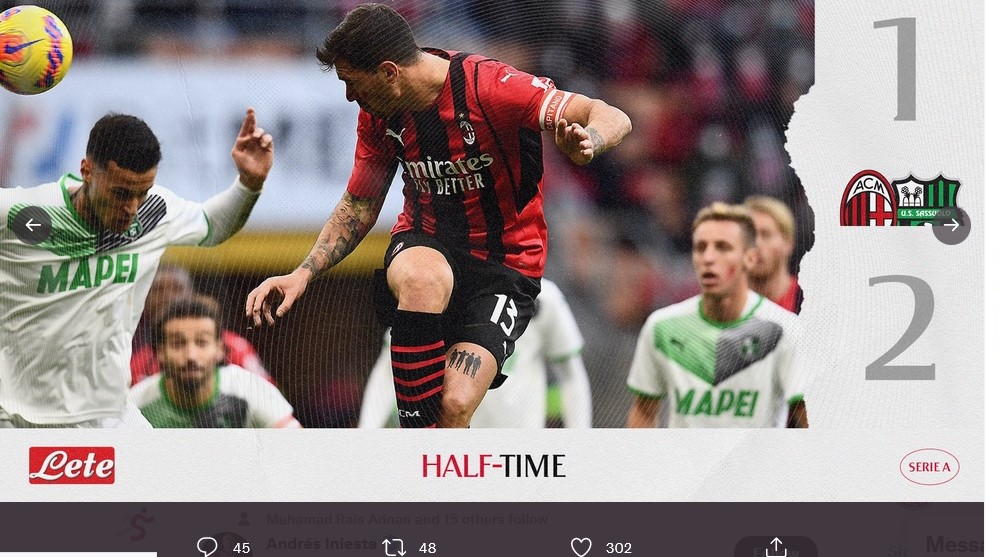 Hasil AC Milan vs Sassuolo: I Rossoneri Mulai Kendur, Kalah 1-3