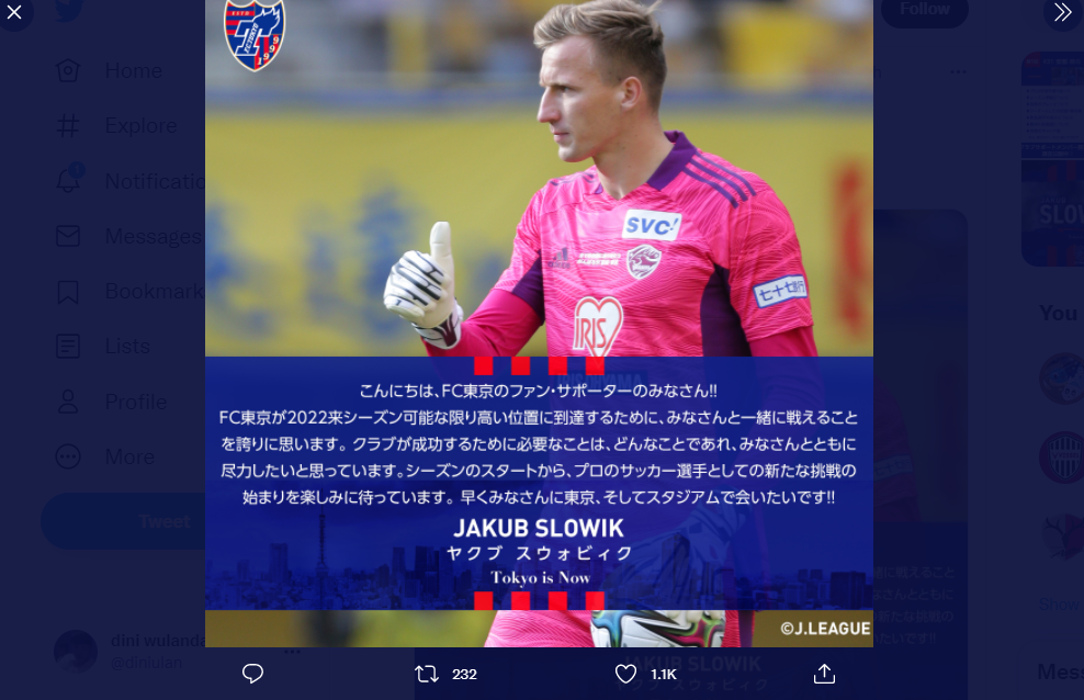 Vegalta Sendai Turun Kasta, Kiper Jakub Slowik Pilih Pindah ke FC Tokyo