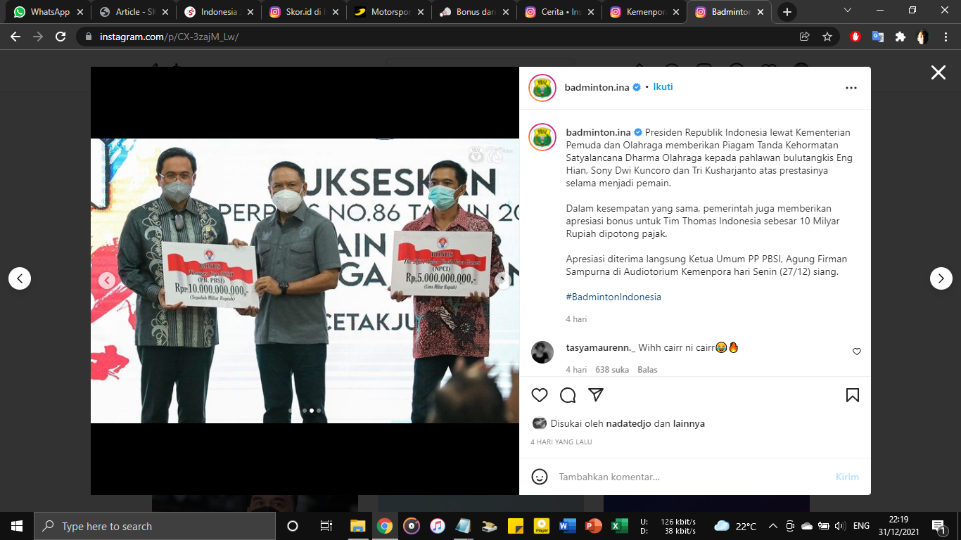Polemik Bonus Thomas Cup 2020 Berlanjut, Ternyata Tidak Hanya untuk Tim Putra Indonesia