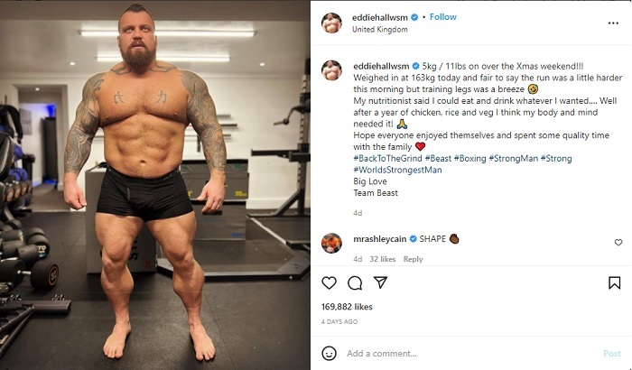 Eddie Hall Mengaku Bobotnya Naik 5 Kg selama Akhir Pekan Natal