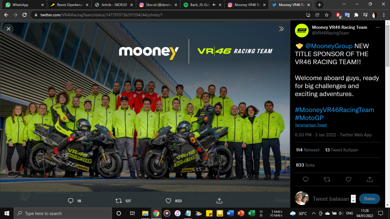 Mooney VR46 Racing Team Umumkan Struktur Tim, Valentino Rossi di Posisi Tertinggi
